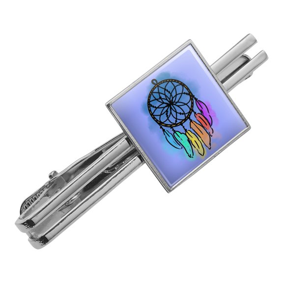 Dream Catcher with Rainbow Feathers Watercolor Sketch Square Tie Bar Clip Clasp Tack- Silver or Gold