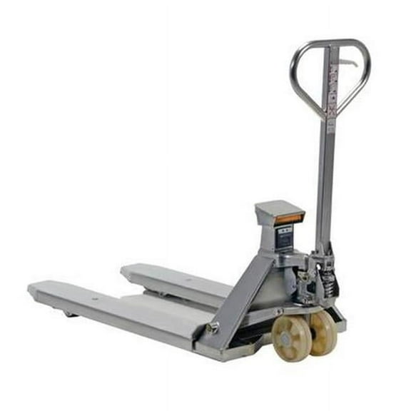 Vestil PM-2748-SCL-LP-SS 5000 lbs 61.67 x 27 x 48.62 in. Stainless Steel Low Profile Pallet Truck with Scale - Silver
