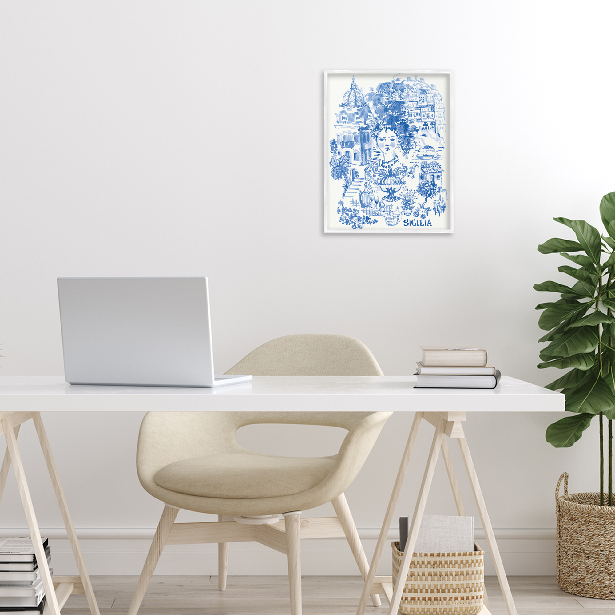 Stupell Industries Sicilia City In Blue White Framed Giclee Art, design by Karolina Sato
