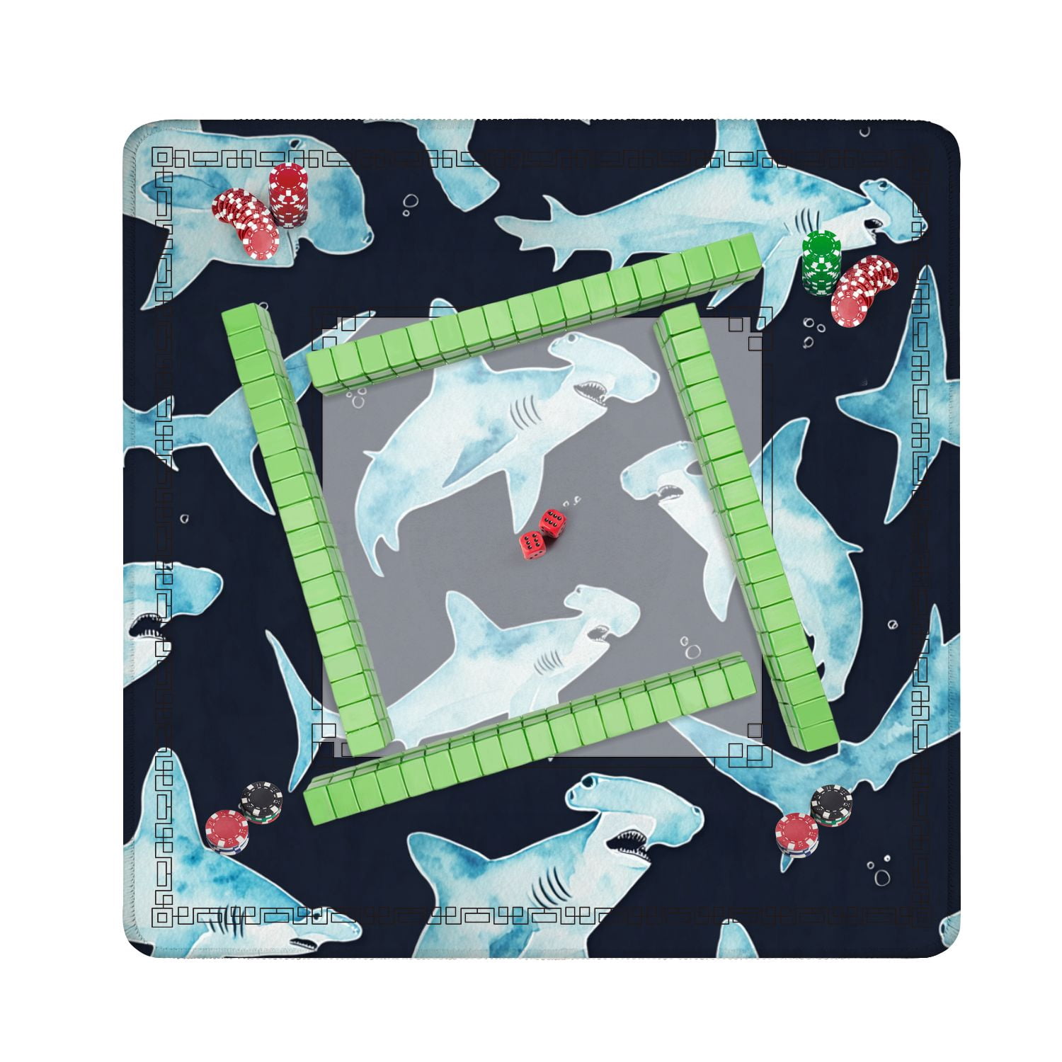 Mahjong Mat 31.5" x 31.5" Seamless watercolor hammerhead shark Non-Slip Noise Reduction American Mahjong Tiles Table Cover for Dominoes Poker Card Board Games Gift