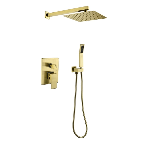 JERFIT 10" Rain Shower System Combo, Brushed Gold Wall Mount Dual High Pressure Shower Head with Handheld and Valve, Brass Construction