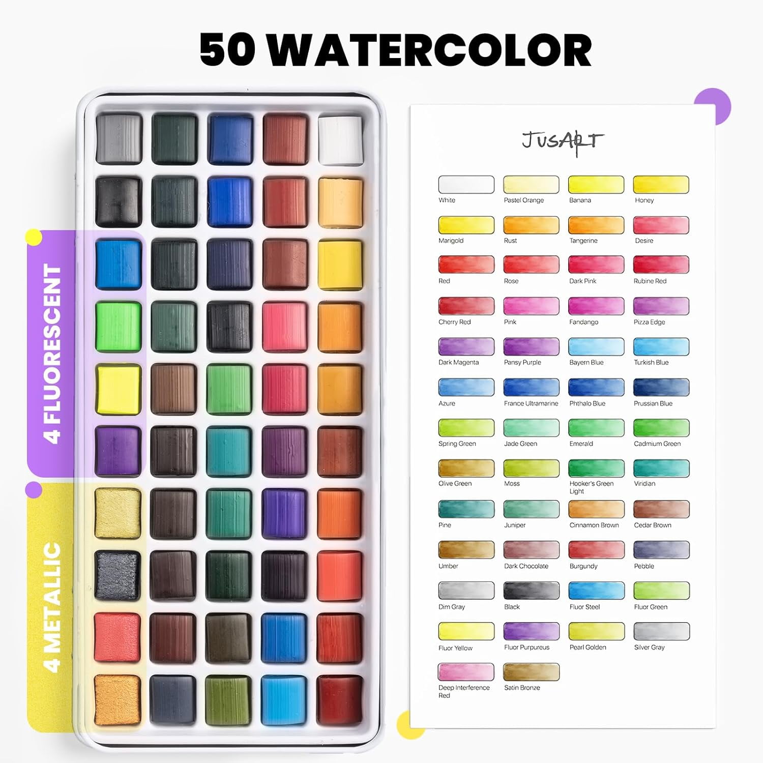 JusArt 50 Colors Watercolor Paint Set,Art Supplies with Metallic Color, Detail Painting Brushes, Water Brush Pens, Portable Travel Painting Kit for Artists, Professionals, Adults