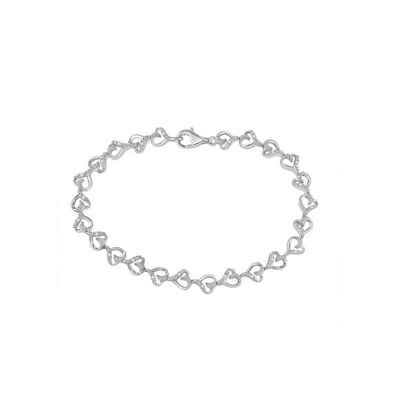 Sterling Silver Womens Round Diamond Heart Bracelet 1/10 Cttw