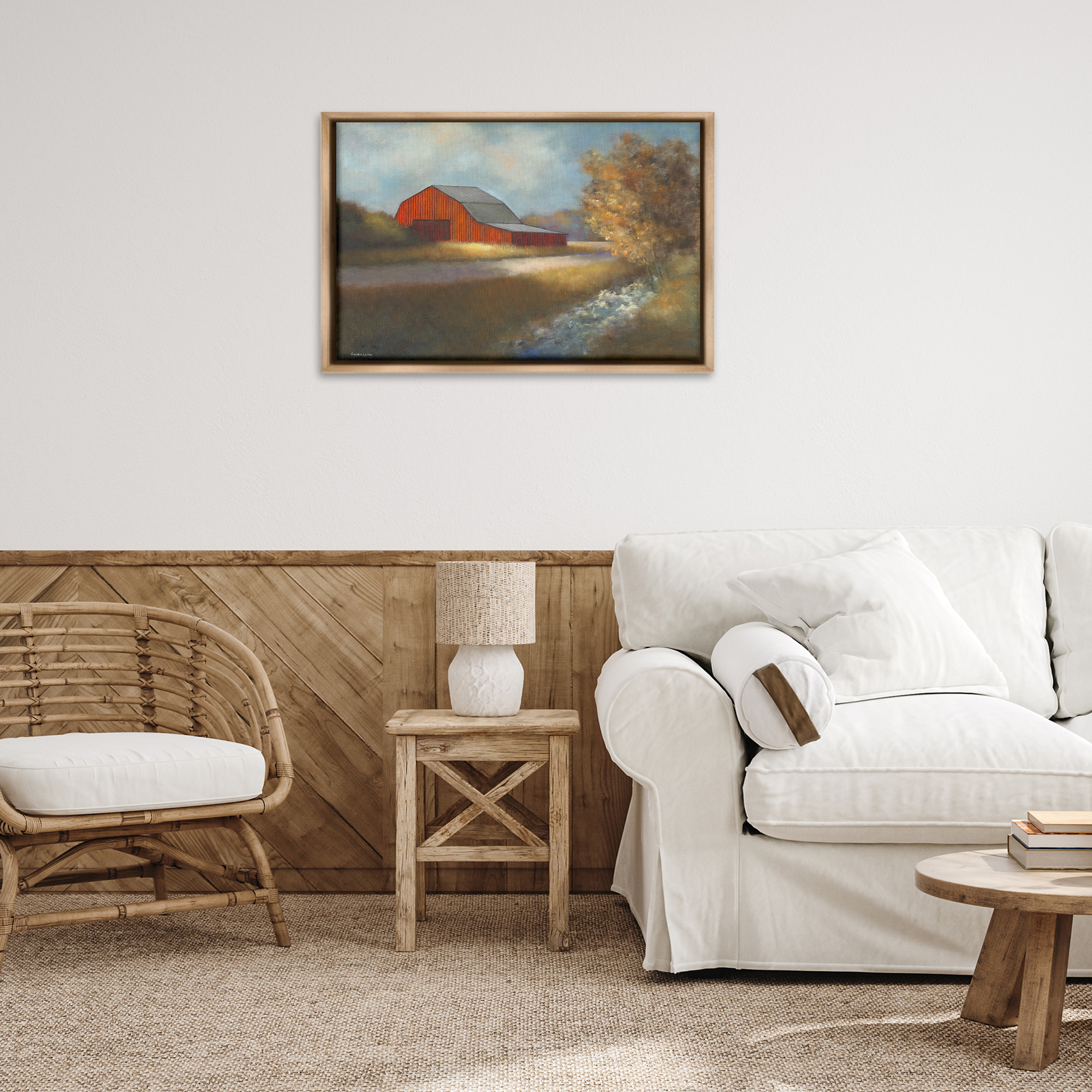 Stupell Industries Traditional Red Barn Landscape Painting Brown Floater Framed Canvas Art Print Wall Art, 31 x 21