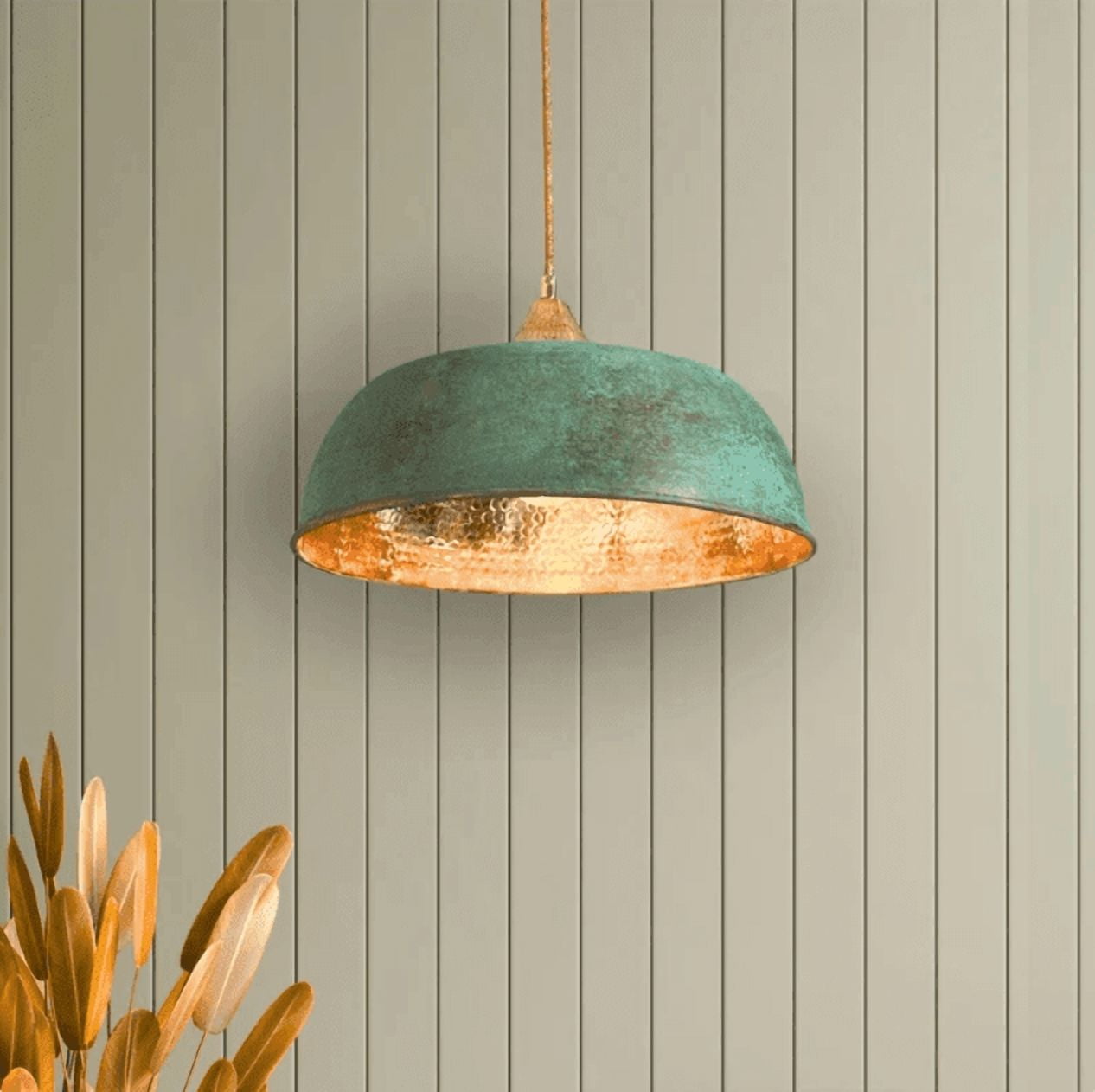 Handmade Hammered Copper Green Patina Pendant Light – Rustic Farmhouse Ceiling Fixture for Kitchen Island, Dining Room & Living Space, Office and Bar | Vintage Hanging Light with Mounting Set