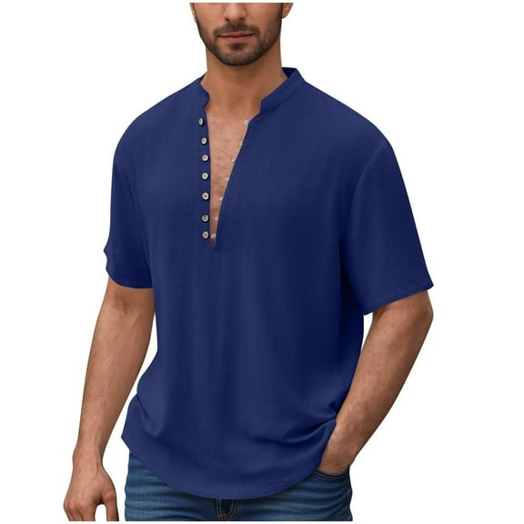 USNSM Mens Henley Short Sleeve Shirts Casual Lightweight Cotton Linen Shirts Collarless Button Tops Hippie Summer Clothes Blue S