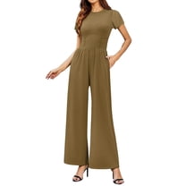 cfhntfmh Dressy Jumpsuits for Women Summer Loose Short Sleeve Crewneck Outfits Ribbed Knit Wide Leg Flowy Rompers with Pockets