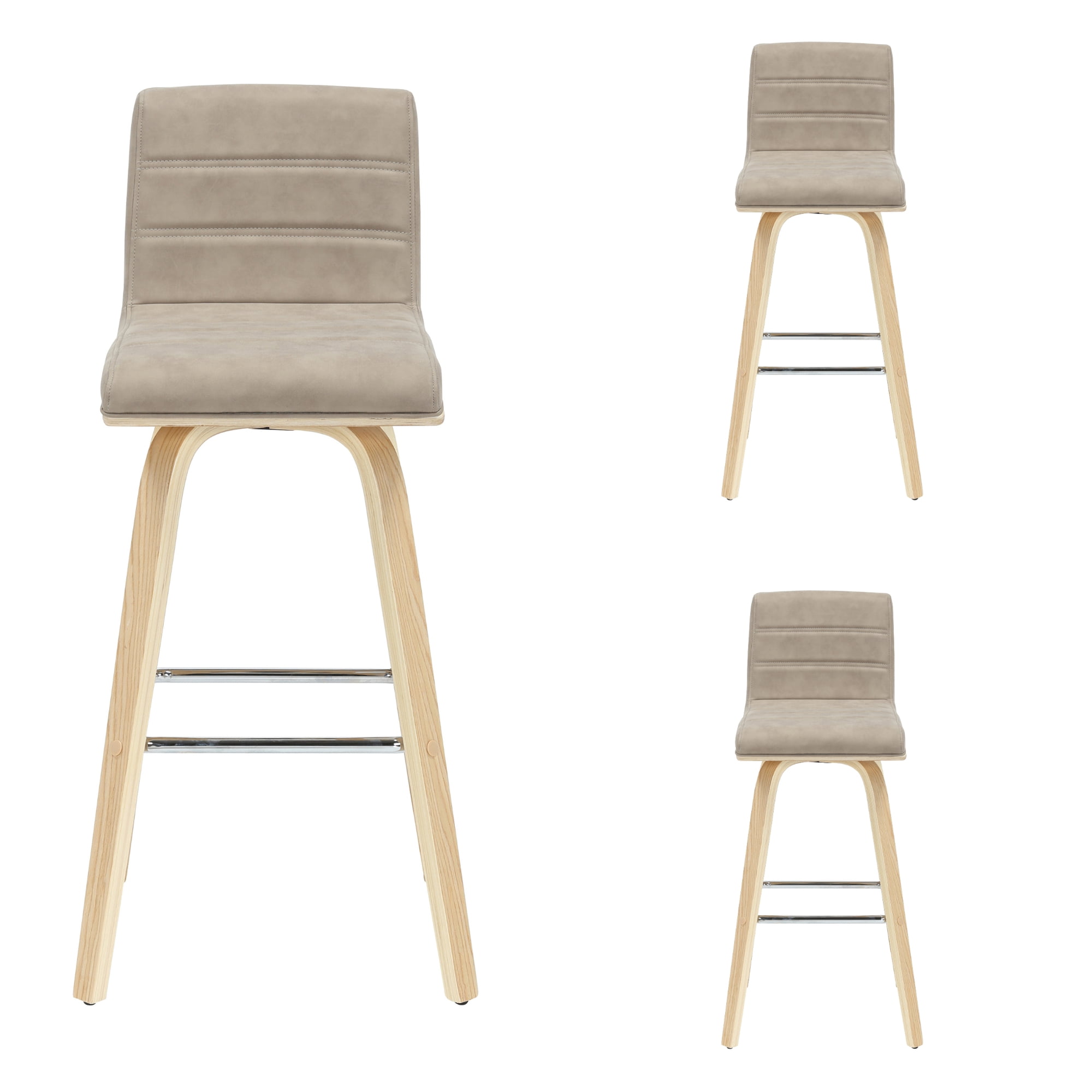 Vienna 39.5 in. H Swivel Bar Height Vintage Taupe Square Back Wood Bar Stool with Faux Leather Seat Set of 3