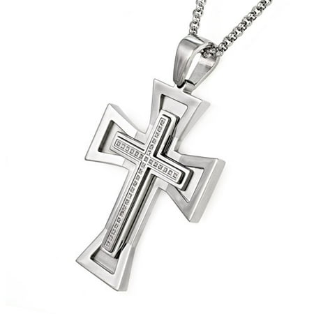 Men's Stainless Steel Stacked Cross Pendant, 24"