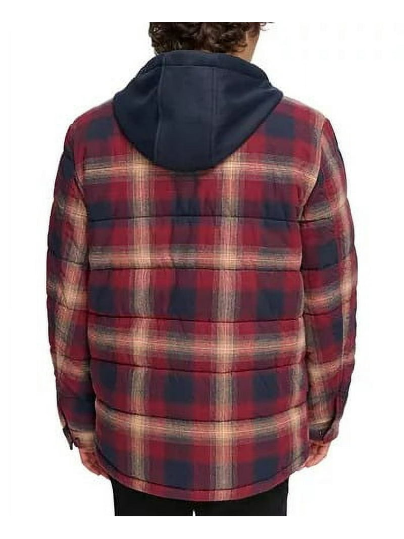 Levi's RED OMBRE PLAID Men's Quilted Shirt Jacket with Fleece Hood