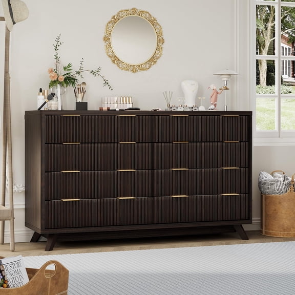 Panapinka 54" Wide Fluted Dresser with 8 Drawers, Modern Wood Chest of Drawers with Curved Design and Handle Detail, Clothes Storage for Bedroom, Hallway or Living Room