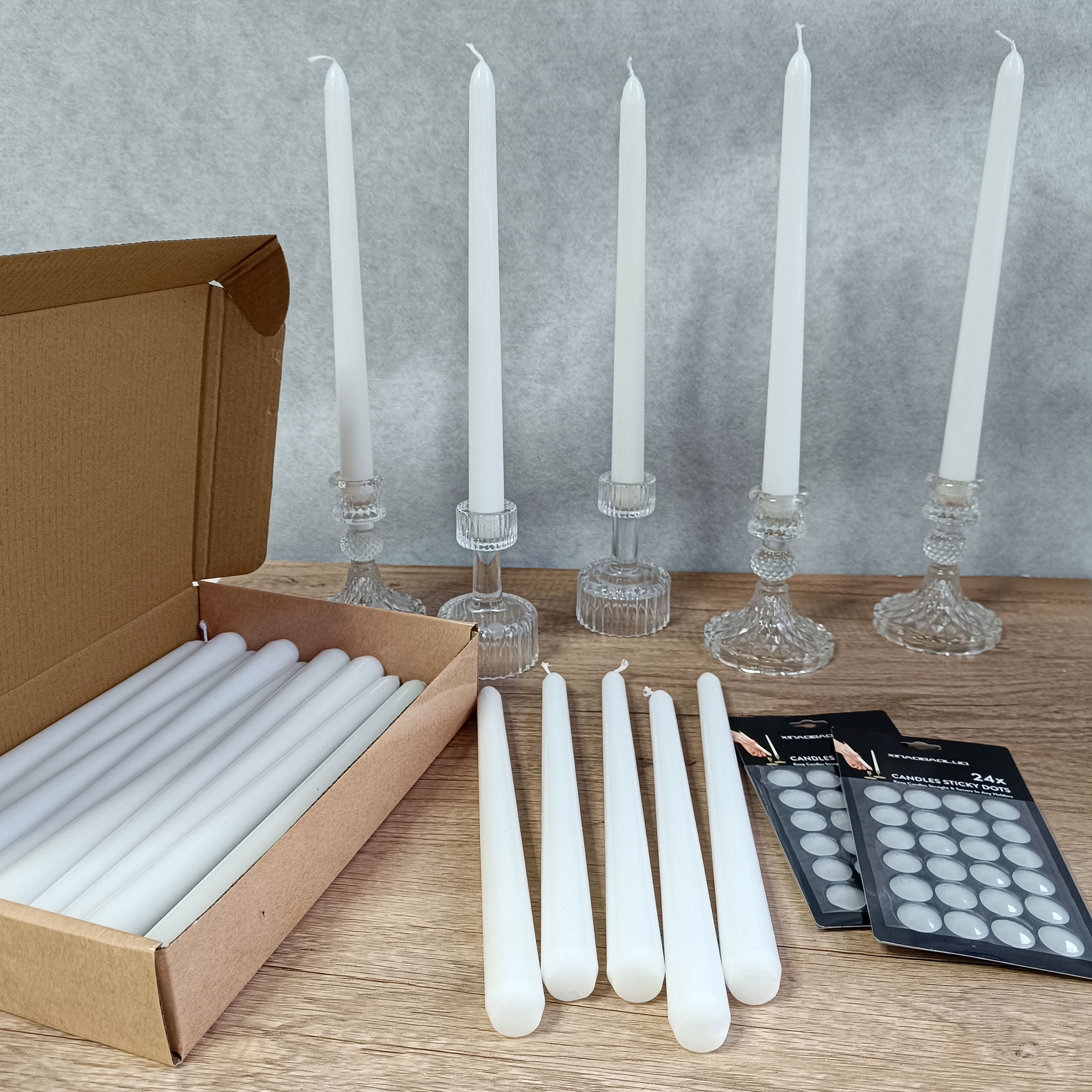 20 Pack White Taper Candles with 2 Pack Candles Wax Sticky Dots,10 inch Unscented Smokeless Dinner Candle Set for Household, Wedding, Party and Home Décor Candlesticks