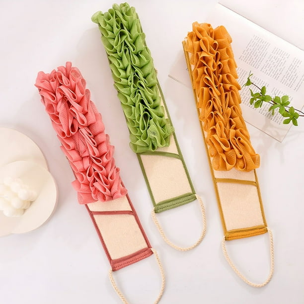 Toalla de frotar de espalda de baño tira doble cara para frotar barro – Espuma exfoliante suave de poliéster y partículas de masaje, 65 cm, rosa/amarillo/verde, limpieza profunda, tacto cómodo