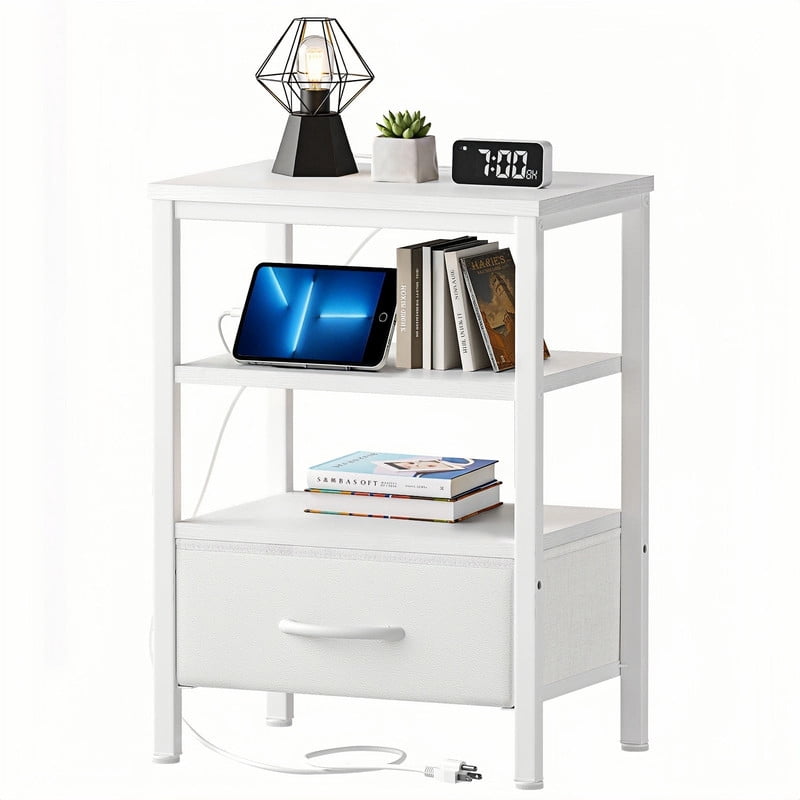Kelno Nightstand with Fabric Drawer Charging Station USB TypeC Outlets Small Bedside Table with Wood Top Adjustable Shelf, White