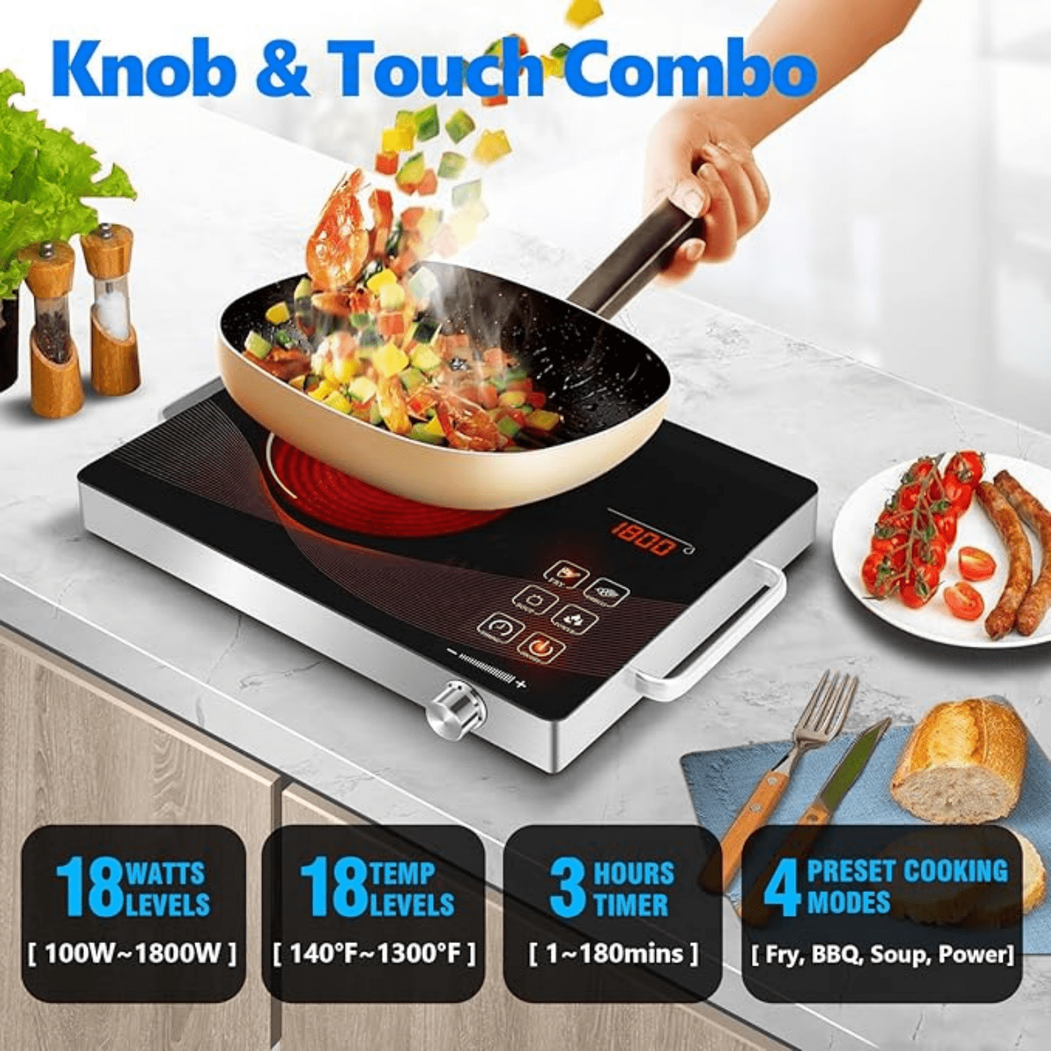 Single Burner Electric Hob 1800W Countertop Hot Plate, Infrared Cooker for Cooking Portable Stove, Compact Hotplate Temperature Adjustable, Touch & Knob Control