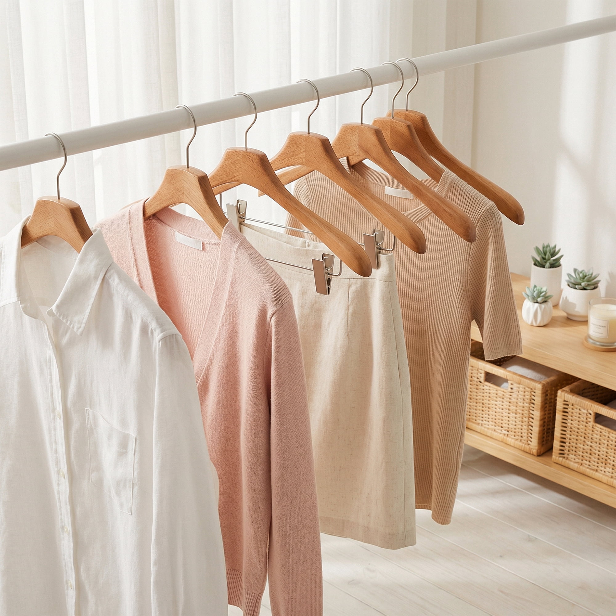 Unique Bargains 2Pcs Wood Space Saving Storage Pants Shirts Hanger Clip-Flat