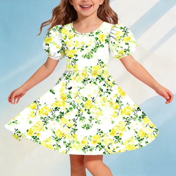 Amidoa Girl Dresses Skater Short Sleeve Twirl A-Line Dress Summer Casual Sundress for Kids Yellow Size 5T