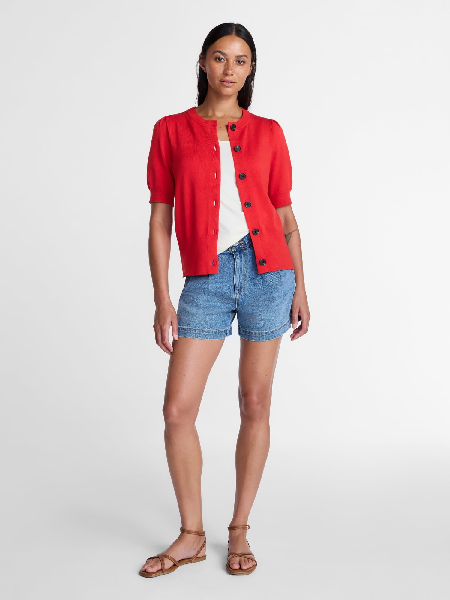 Time and Tru Woman's Crew Cardigan with Short Sleeves, Sizes XS-XXXL