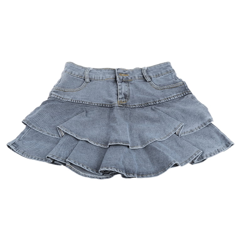 TRINGKY Women High Waist A-Line Mini Cake Jean Skirt Pleated