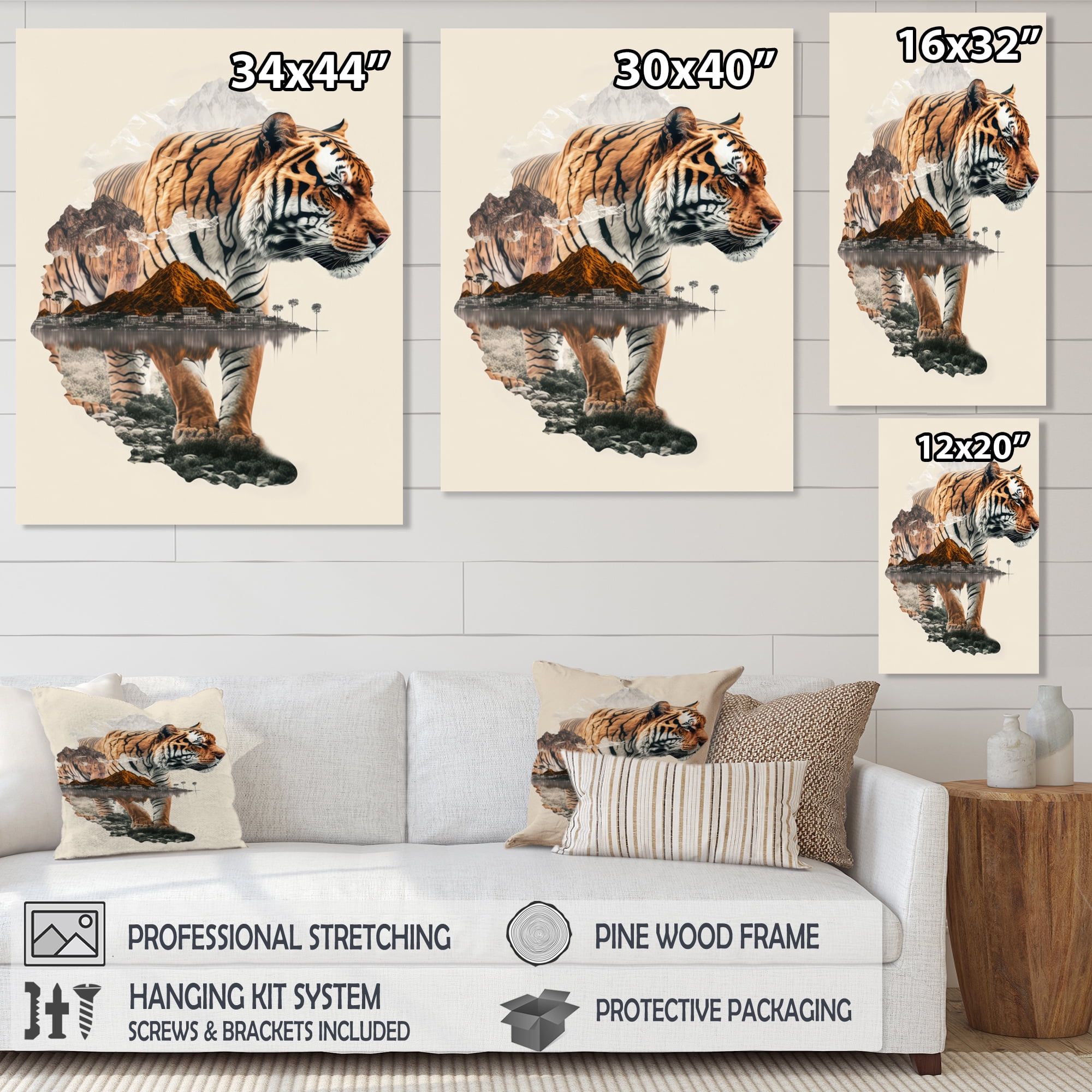 Designart Double Exposure Of A Tiger With African Landscape I Canvas Wall Art