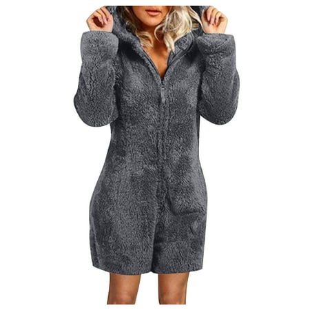 

Chiccall Womens Cute Sherpa Romper Fleece Onesie Pajama One Piece Zipper Short Hooded Jumpsuit Sleepwear Playsuit on Clearance