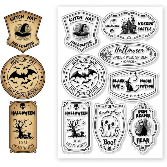 DIY Halloween Tags Clear Stamps Castle Ghosts Black Cat Background Transparent Silicone Stamps for DIY Scrapbooking Cards Making Photo Album Decorative DIY