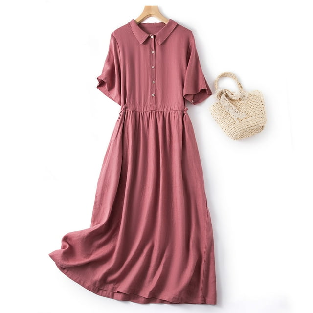Fartey Robes d'Été pour Femmes à Moins de 10 $ Vintage à Manches Courtes en Coton et Lin Robe Midi Couleur Unie Bouton Col à Revers Robe de Plage Décontractée Tunique Fluide Robe d'Été Quotidienne
