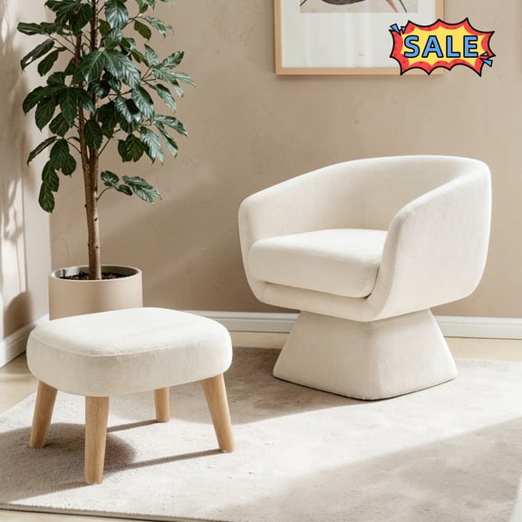 Tcbosik Swivel Accent Chair with Ottoman, 360° Barrel Chair with Footrest, Modern Reading Chair, Upholstered Armchair for Living Room, Bedroom, Beige White