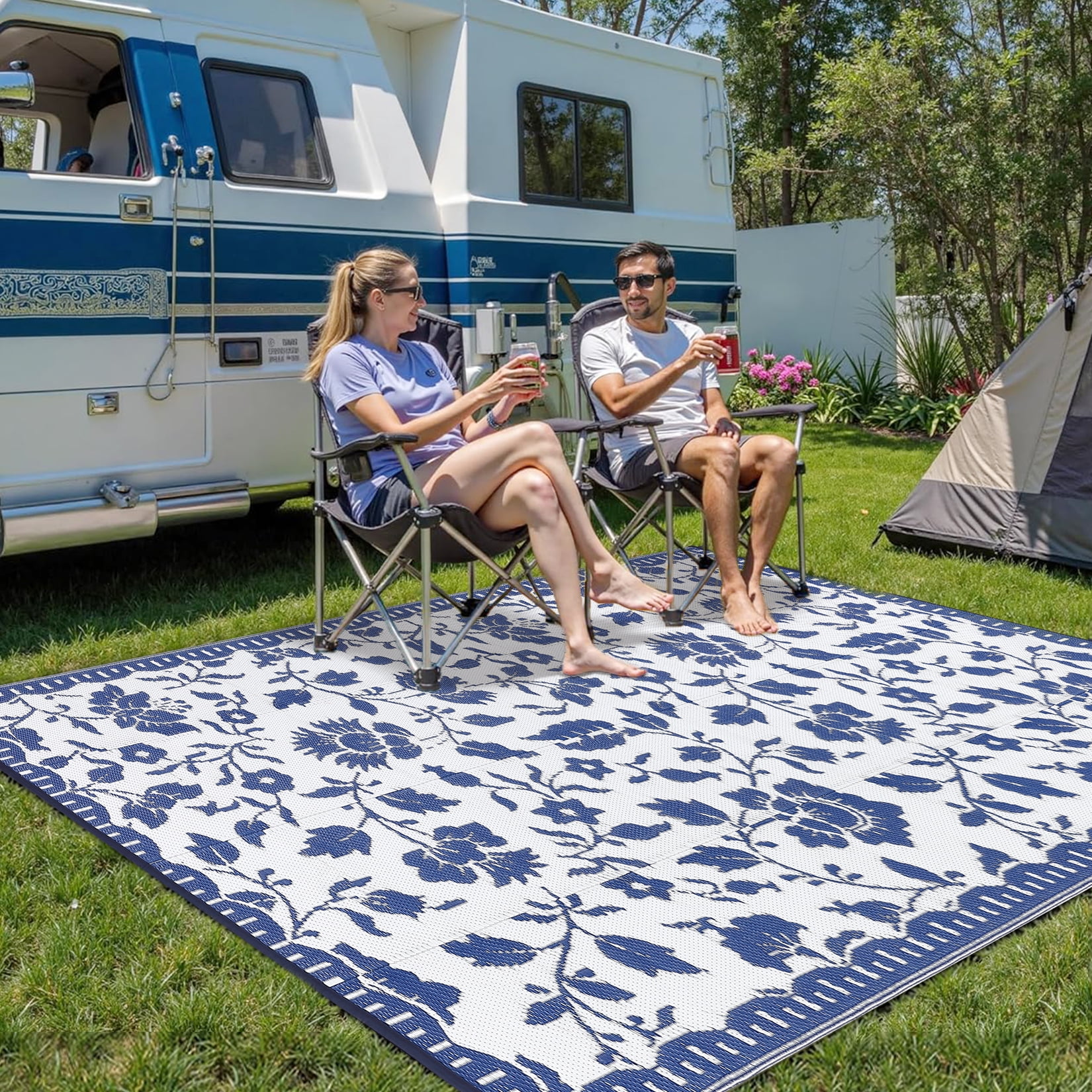 Garvee 5'x8' Outdoor Rug Waterproof Floral Camping Carpet, Reversible Plastic Straw Rug Outdoor Rug for Patio RV Balcony Backyard, Dark Blue