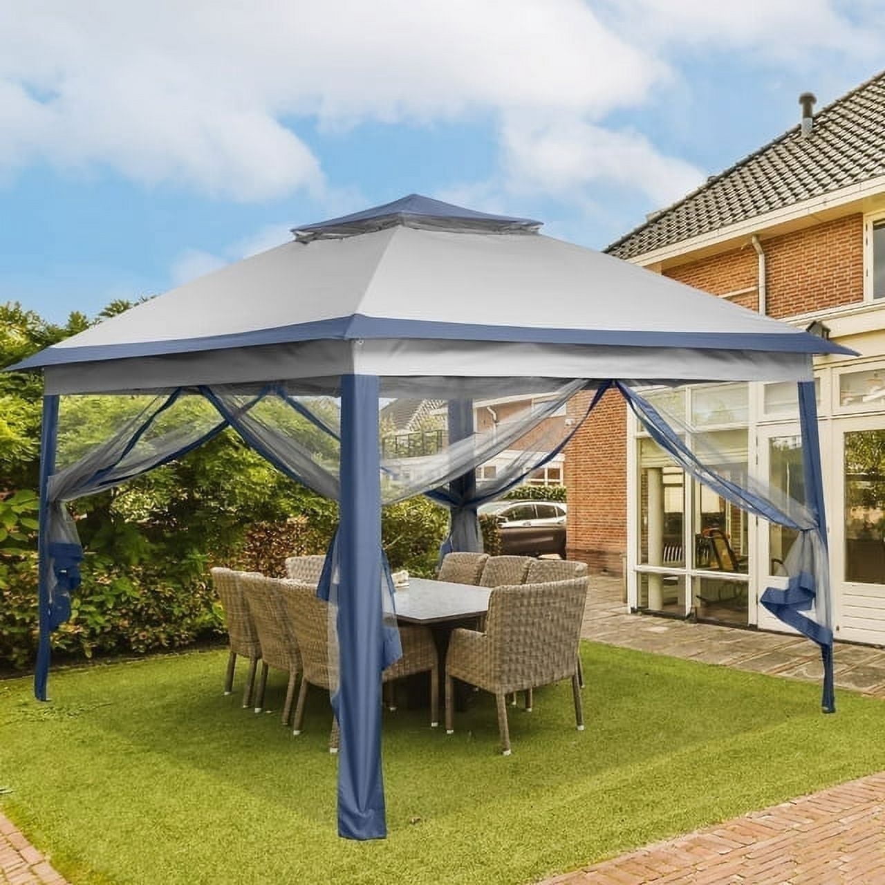 Ainfox 11x11 ft Outdoor Patio Pop Up Canopy Gazebo with Heavy Duty Frame, Mosquito Netting & UV Protection,Navy Blue