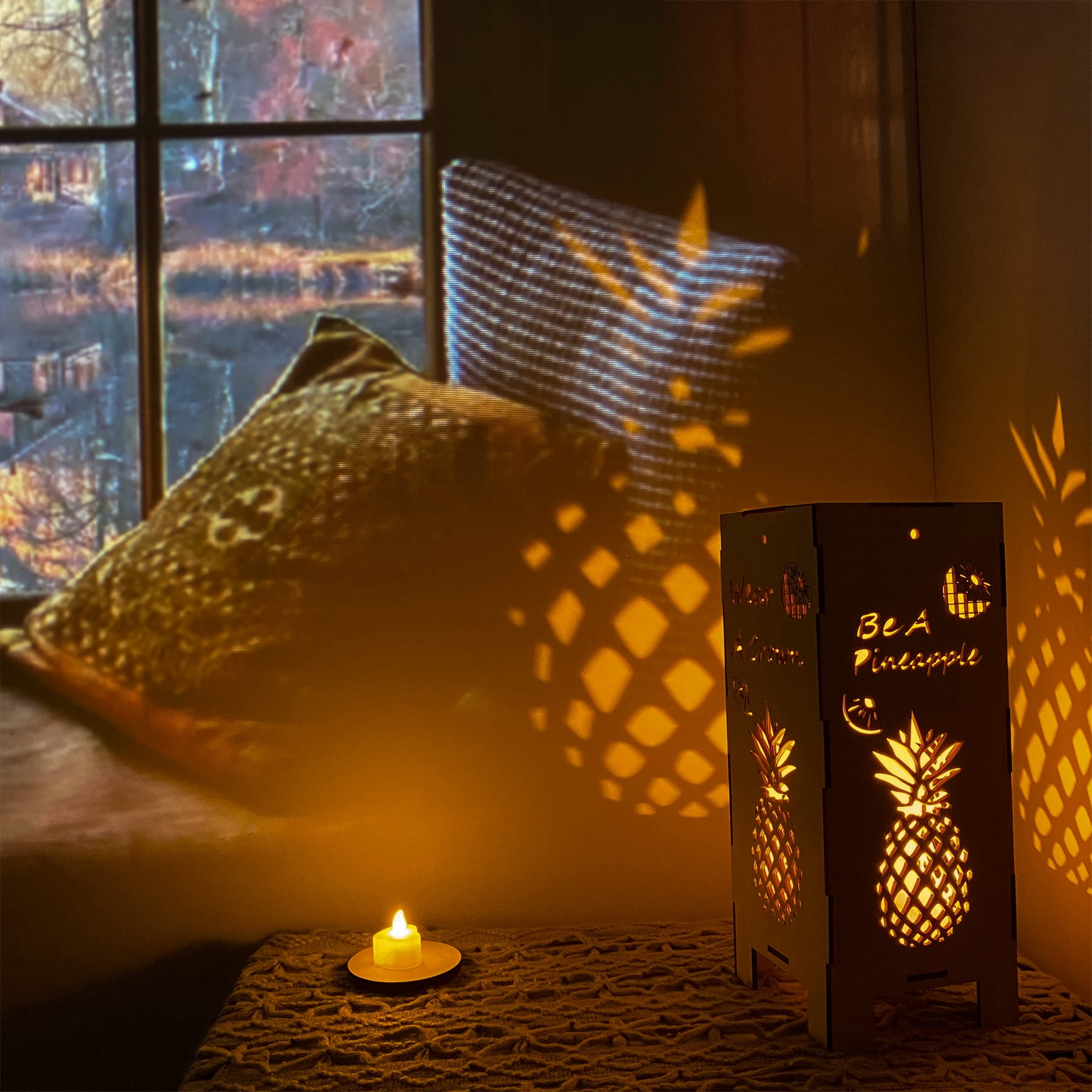 Jamjam Wood Pineapple Lamp-Pineapple Night Light Projection For Living Room, Vintage Pineapple Lantern Bedside, Pineapple Mood Lighting Projection For Home Decor, Side Light Fixture Lamp