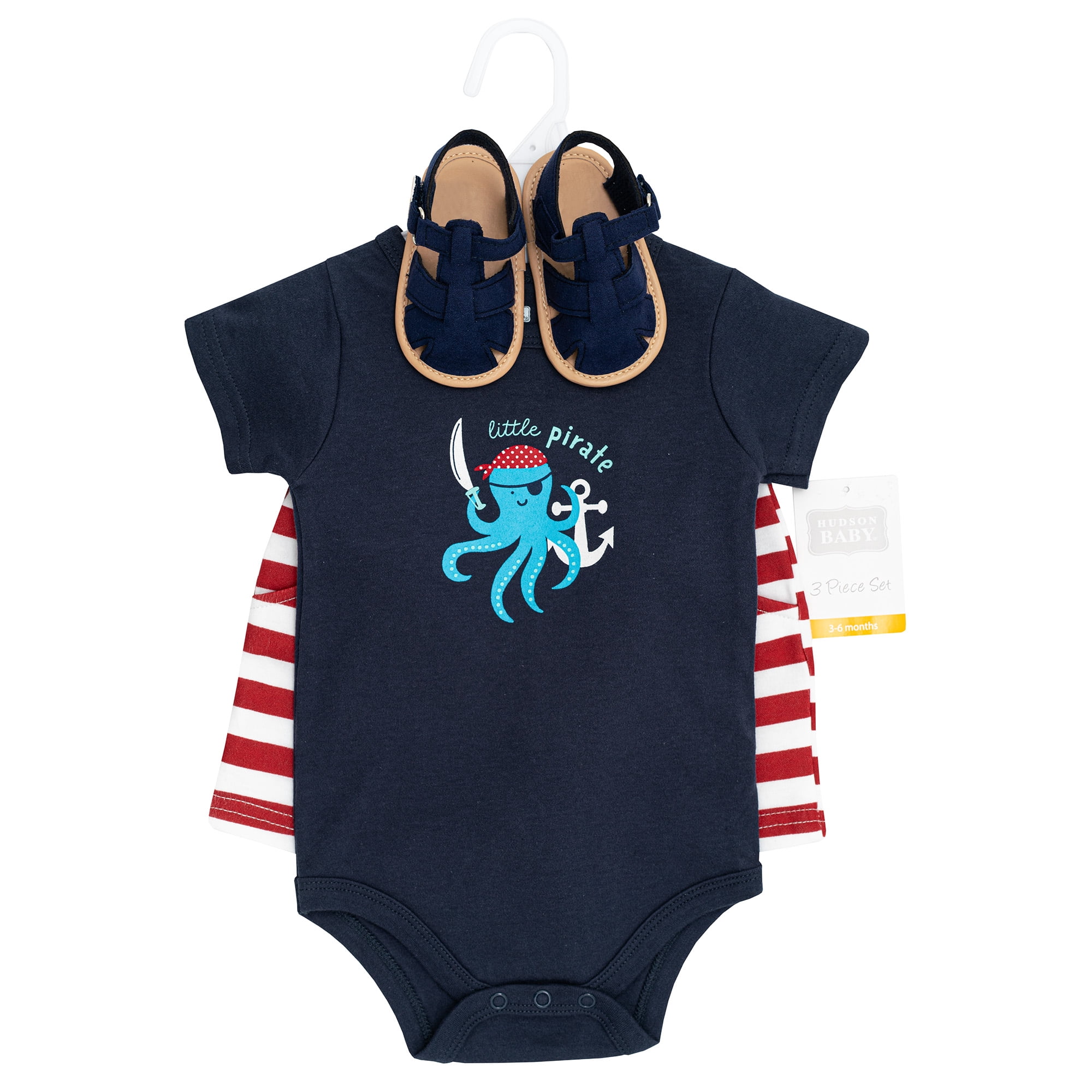 Hudson Baby Boy Cotton Bodysuit, Shorts and Shoe Set, Pirate Octopus, 12-18 Months