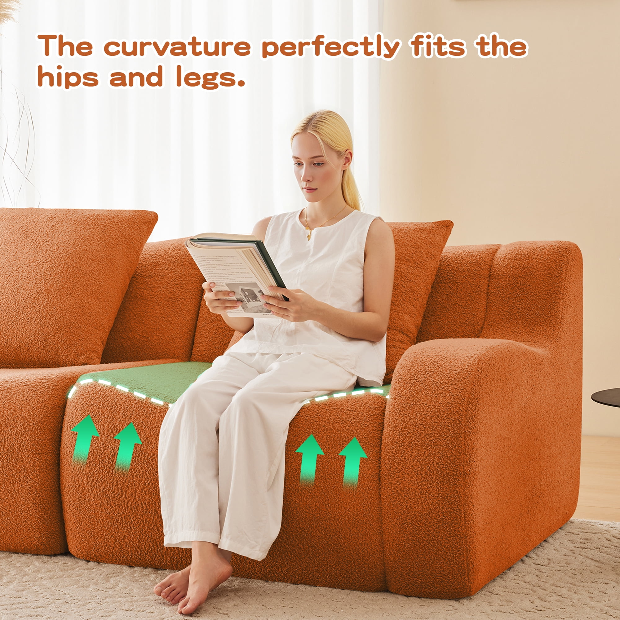 MAYEERTY 82.7" L-Shaped Teddy Fabric Boneless Sofa, Orange 300lbs/seat 32D Foam No Assembly Curved Armrest Couch for Living Room Bedroom