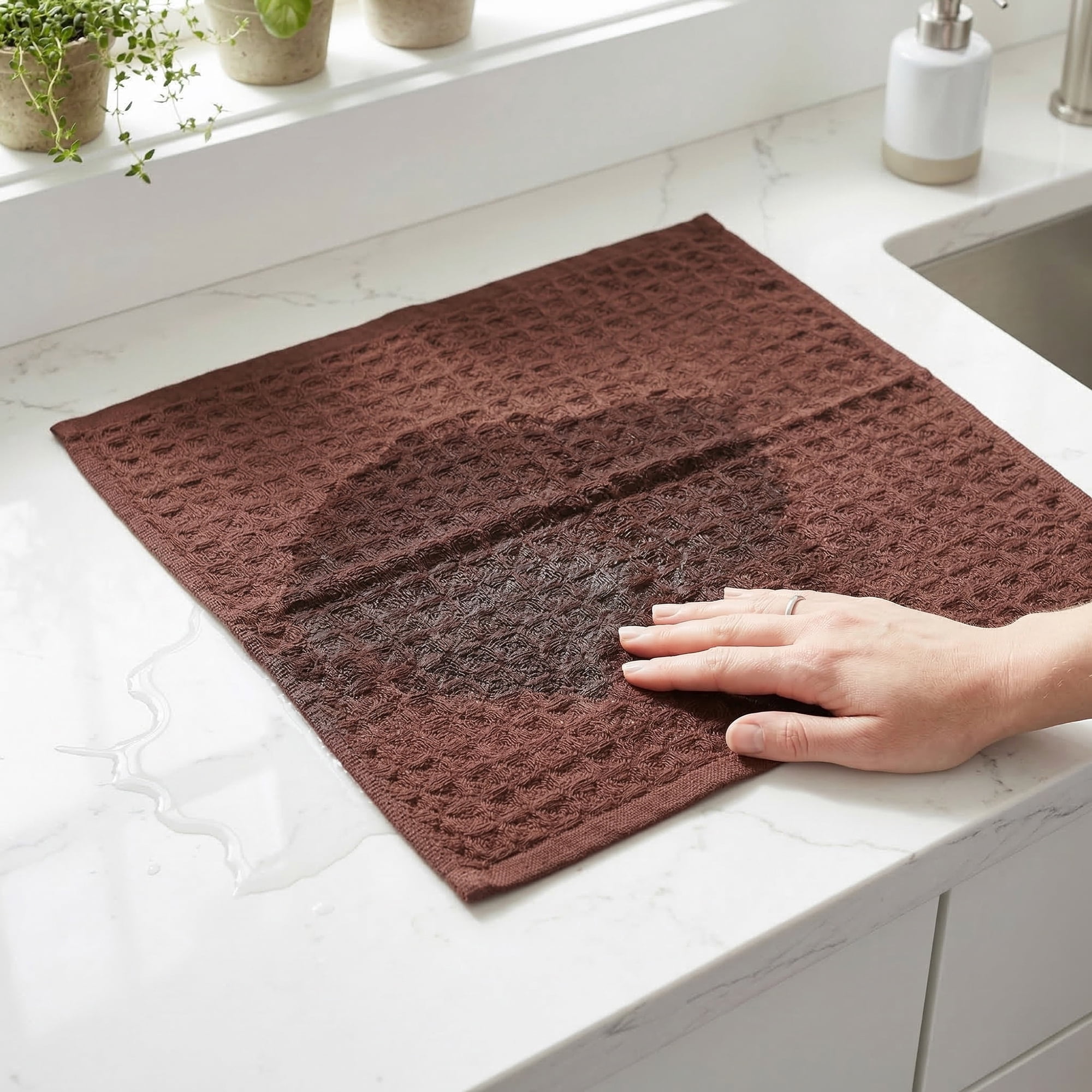 Unique Bargains 4 Pack 100% Cotton Waffle Weave Solid color Kitchen Towels Brown 12" x 12"