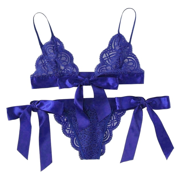 Gibobby Lencería sexy de encaje para dormir Side Set Tie Festoneado Trim Mujeres Bow Lace Underpant Lingerie Bra Sexy(Azul, L)