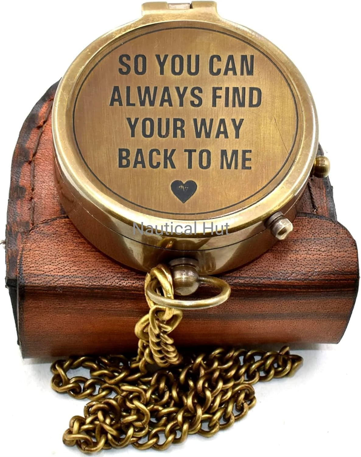 Engraved Brass Compass With Premium Leather Case & Chain - Brass Pocket Compass - Personalized Compass Gift For Hiking,Husband, Him, Her,Son, Graduation Day