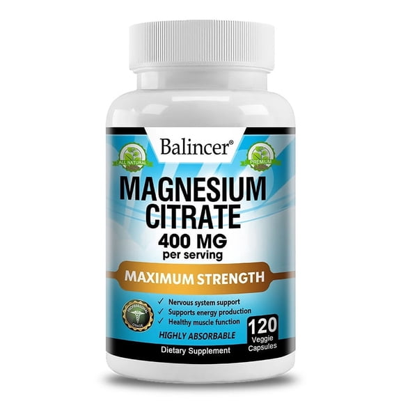 Balincer Magnesium Citrate Supplement, 400mg, 120 Veggie Capsules, Supports Nervous System & Energy