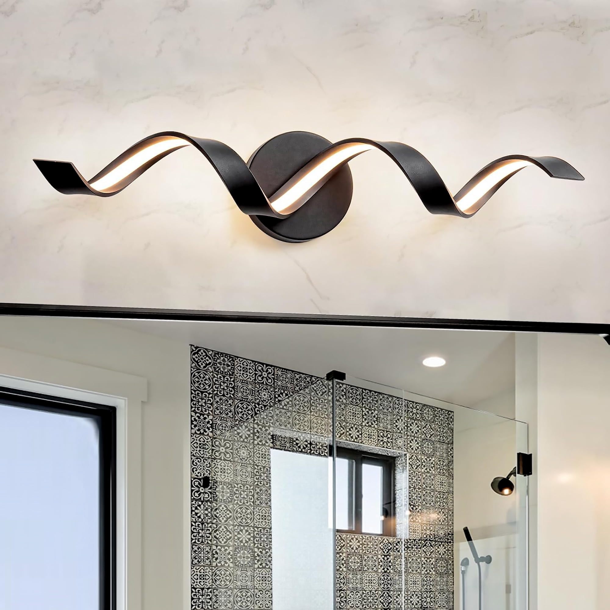 LED Bathroom Vanity Lights, 24inch Dimmable Black Bathroom Lighting Fixture Over Mirror 15W Spiral Design LED Wall Light Fixtures, Black