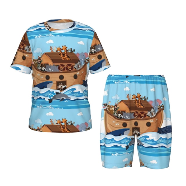 Balery Animals on Noah's Ark Conjunto de Pijama Infantil de Manga Corta con Estampado – Ropa de Dormir de Algodón Suave-X-Large