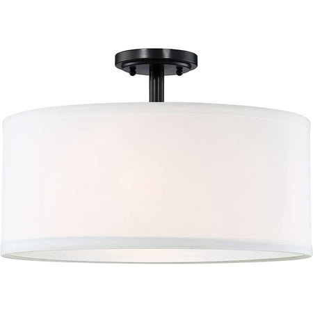 

2 Light 15 Fabric Drum Shade Semi Flush Mount Ceiling Light PS Diffuser with Black Finish Off White Fabric Chandeliers Shade for Bar Dining Room Corridor Living Room