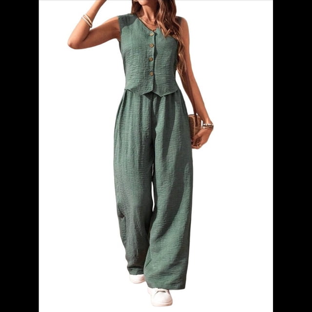 Conjuntos de 2 Piezas para Mujer: Chaleco de , Conjuntos Casuales Elegantes, Pantalones de Pierna , Trajes. Verde XL