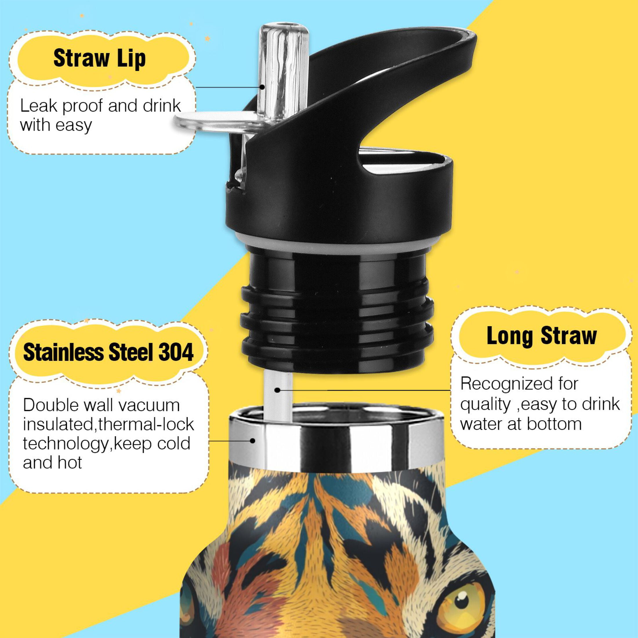 600ML Stainless Steel Insulated Cup Sports Water Bottle Portable Thermos Cup Water Glasses Insulated Tumblers Convenient and Durable Orange Tiger Cartoon