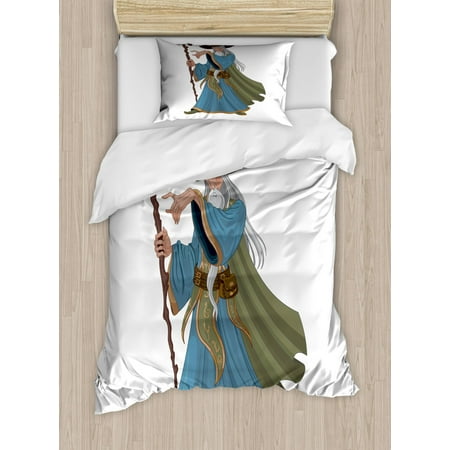 - Wizard Duvet Cover Set Twin Size, Fantasy Style Powerful Sorcerer with Staff Medieval and Mythical Cartoon Character, Decorative 2 Piece Bedding Set with 1 Pillow Sham, Multicolor, by Ambesonne