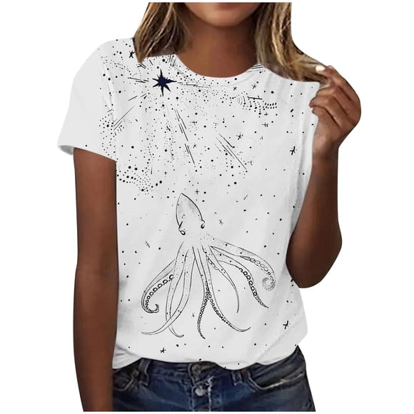 Tops de Ajuste Suelto para las Mujeres Sudadera Casual Impresa Manga Corta Cuello Redondo Superior, Poliéster