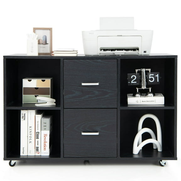 Gymax Rolling Wood File Cabinet w/ 2 Large Drawers & 4 Open Compartments Office Black