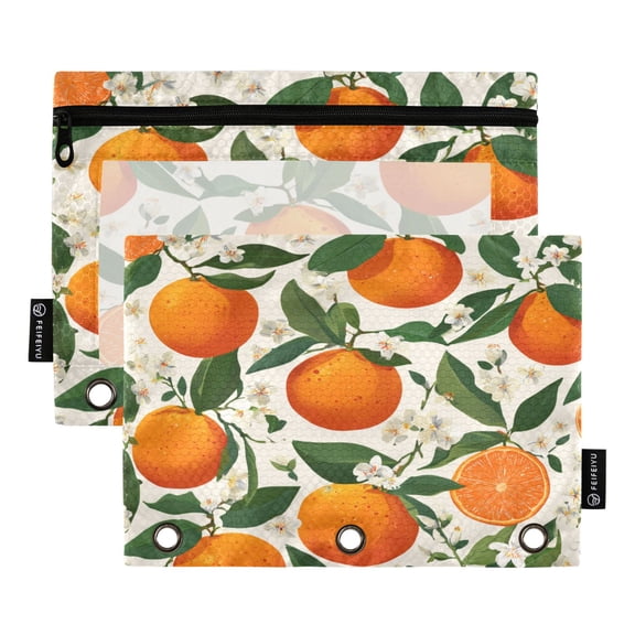 2 Pack 3 Ring Binder Pouch with Clear PVC Window Water Resistant Zipper Pencil Pouch Orange Blossom Pattern Binder Pocket for Classroom Office Home Stationery Organization