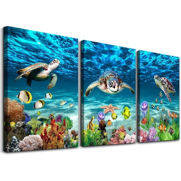 Canvas Wall Art for Living Room family Wall decor for Bedroom Bathroom Wall Decoration blue Ocean Sea Turtle Paintings Modern shark Pictures Artwork office Ready to Hang 12" x 16" 3 Piece