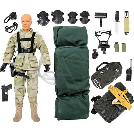 Click N' Play Military Airborne Paratrooper 12" Inch Action Figure Play Set With Accessories
