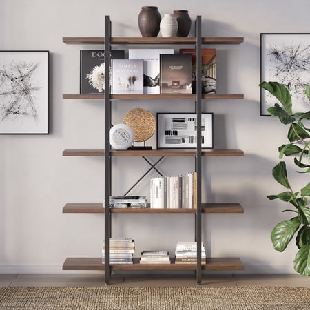 BELLEZE 5 Tier Modern Rustic Industrial Bookshelf - Hazel (Dark Walnut)