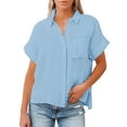 thumbnail image 5 of Womens Summer Tops T Shirts Fashion Solid Linen Loose Short Sleeve Button Womens Work Tops,Sky Blue,5XL, 5 of 5